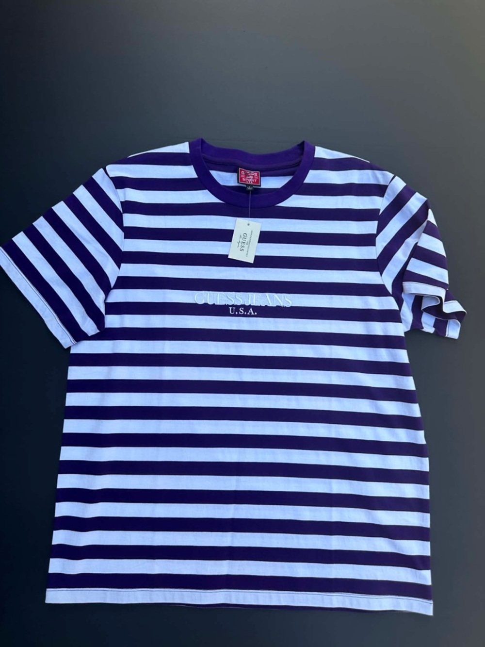 Guess Purple and White Striped Crewneck Tee
